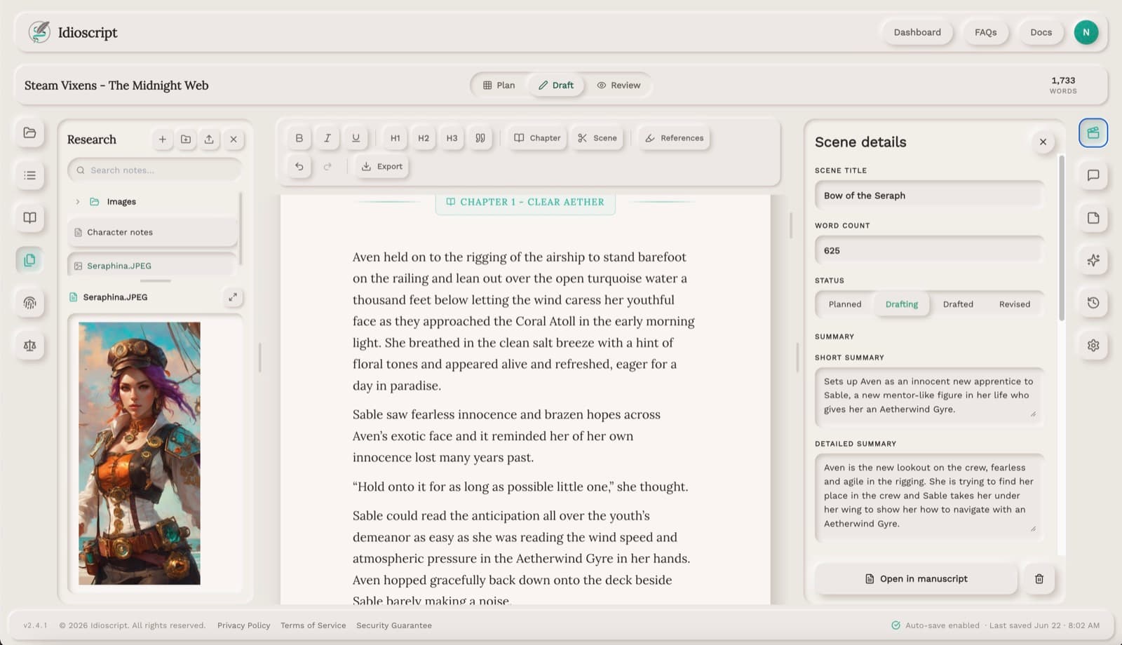 Draft workspace with the outline and context panels pinned beside the manuscript
