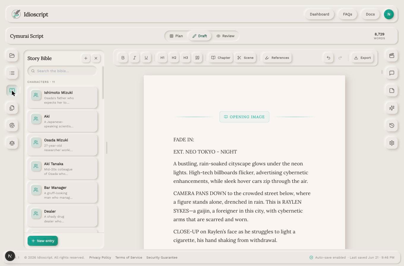 Story Bible quick reference open while the manuscript stays visible